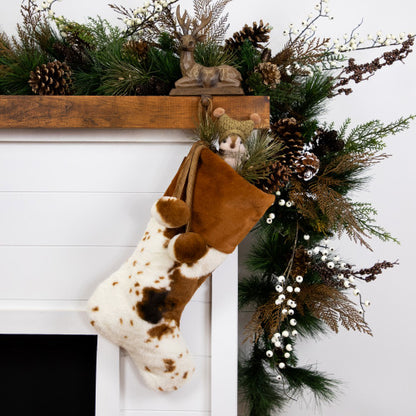 Plush Cowhide Inspired Christmas Stocking with Pom Poms - 20.5" - Brown