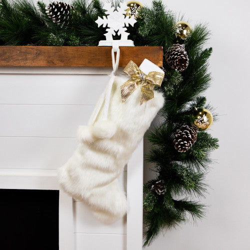 Polar Bear Faux Fur Christmas Stocking with Pom Poms - 20.5" - White