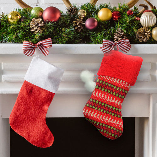 19" Red and Green Sweater Knit Christmas Stocking with Pom Poms