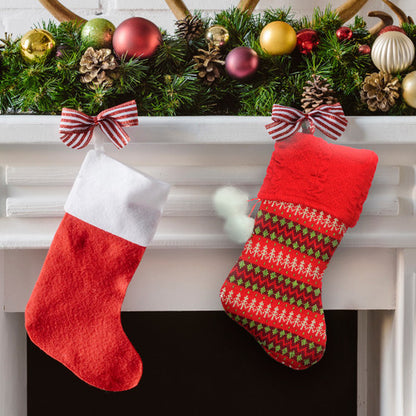 19" Red and Green Sweater Knit Christmas Stocking with Pom Poms