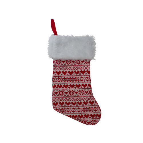 19" Red and White Hearts With Snowflakes Knit Christmas Stocking Faux Fur Cuff