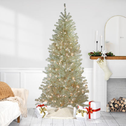 Metallic Platinum Artificial Tinsel Christmas Tree - 7 ft Clear Lights