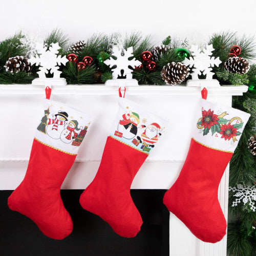 Santa and Snowman Christmas Stocking  - 19" - Red and White