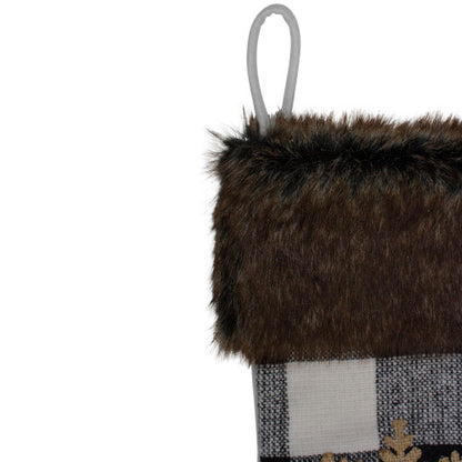 18-Inch Black and White Buffalo Plaid Burlap Reindeer Christmas Stocking