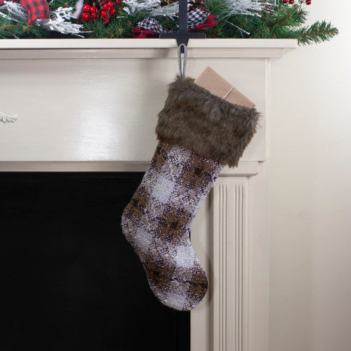 18" Brown and White Buffalo Plaid Christmas Stocking