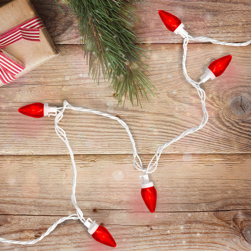 25 Count Red LED C7 Christmas Lights, 16 ft White Wire