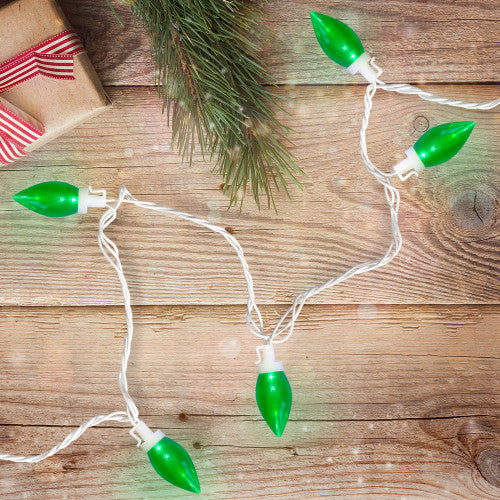 25 Count Green LED C9 Christmas Lights, 16 ft White Wire