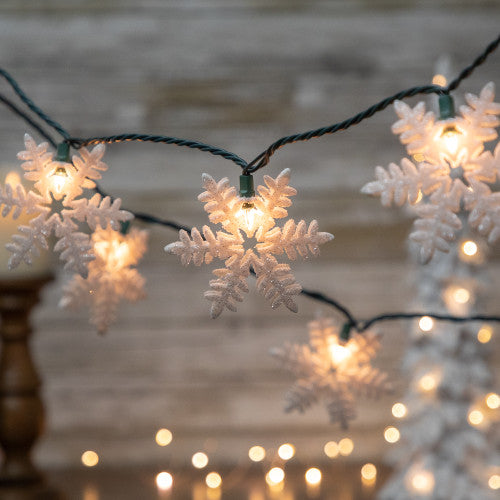10-Count White Glittered Snowflake Christmas Light Set, 6ft Green Wire