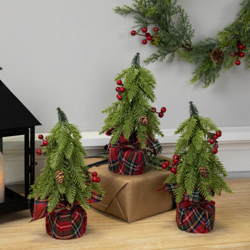 Mini Downswept Pine Artificial Christmas Trees with Pine Cones - 9" - Set of 3
