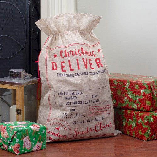 Large "Christmas Delivery" Tied Gift Bag - 27.75" - Beige and Red