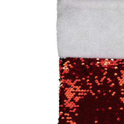 19" Red and Silver Sequin Christmas Stocking With White Faux Fur Cuff