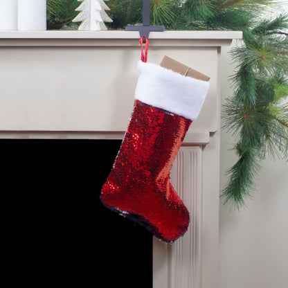 19" Red and Silver Sequin Christmas Stocking With White Faux Fur Cuff