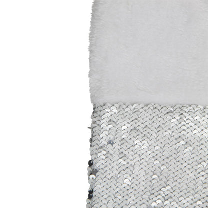 19" White and Silver Sequin Christmas Stocking With White Faux Fur Cuff
