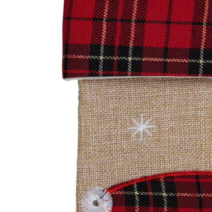 19" Burlap Plaid Whimsical Santa Waiving Christmas Stocking