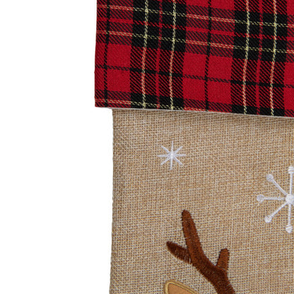 19" Burlap Plaid Whimsical Reindeer Waiving Christmas Stocking