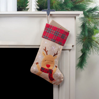19" Burlap Plaid Whimsical Reindeer Waiving Christmas Stocking
