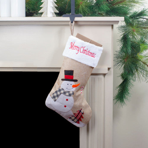 19" Beige and Red Burlap "Merry Christmas" Snowman Christmas Stocking