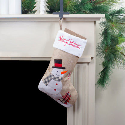 19" Beige and Red Burlap "Merry Christmas" Snowman Christmas Stocking