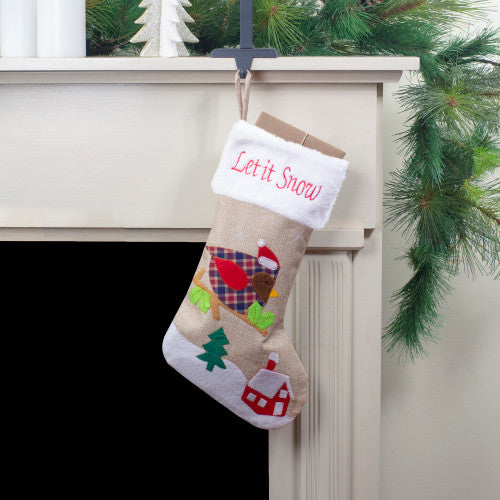 19" Beige and Red Burlap "Let It Snow" Bird Christmas Stocking