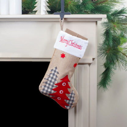 19" Beige and Red Burlap "Happy Holidays" Forest Trees Christmas Stocking