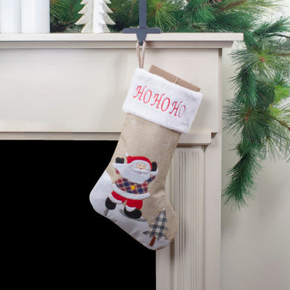 19" Beige and Red Burlap "Ho Ho Ho" Santa Claus Christmas Stocking