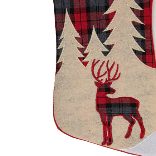 19" Green and Red Plaid Reindeer With Forest Trees Christmas Stocking