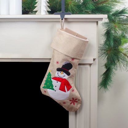 19" Burlap Standing Snowman With a Tree and Snowflakes Christmas Stocking