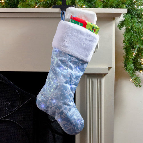 19" LED Lighted Blue Iridescent Glittered Snowflake Christmas Stocking