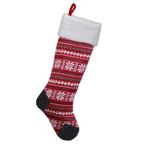 23" Red, Gray and White Knit Christmas Stocking with High Pile Fleece Cuff