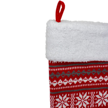 23" Red, Gray and White Knit Christmas Stocking with High Pile Fleece Cuff