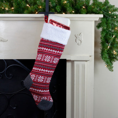 23" Red, Gray and White Knit Christmas Stocking with High Pile Fleece Cuff