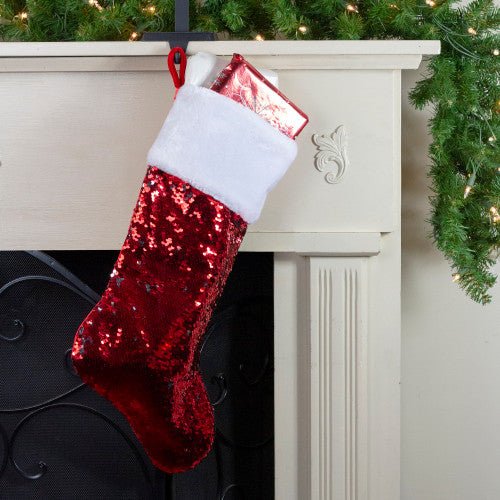 22" Red and Silver Reversible Sequined Christmas Stocking