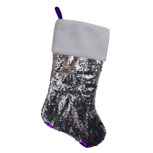 23" Purple and Silver Reversible Sequined Christmas Stocking with Faux Fur Cuff
