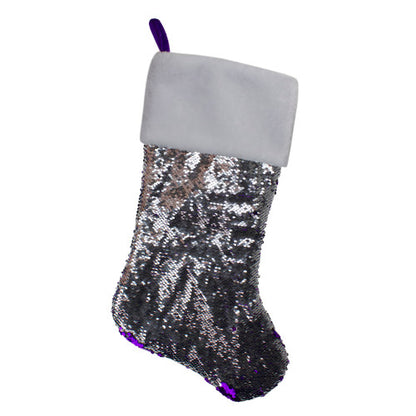 23" Purple and Silver Reversible Sequined Christmas Stocking with Faux Fur Cuff