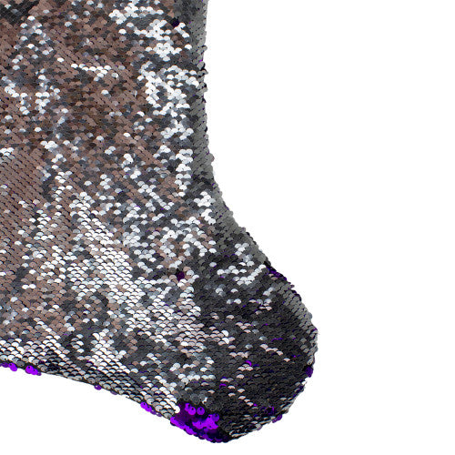 23" Purple and Silver Reversible Sequined Christmas Stocking with Faux Fur Cuff