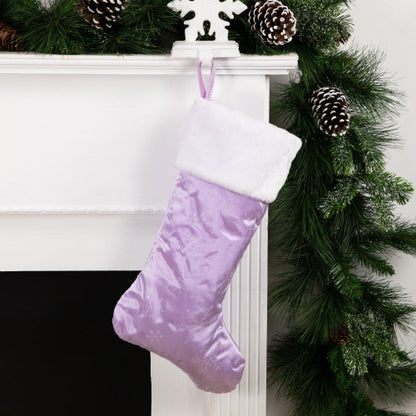 20" Purple and White Glittered Snowflake Christmas Stocking with Cuff