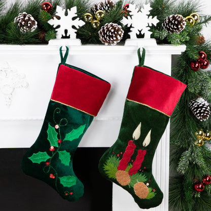 20" Dark Green and Burgundy Candle and Pine Cone Velveteen Christmas Stocking