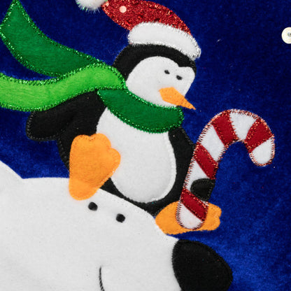 24" Large Penguin and Bear Blue Velveteen Christmas Stocking with White Cuff