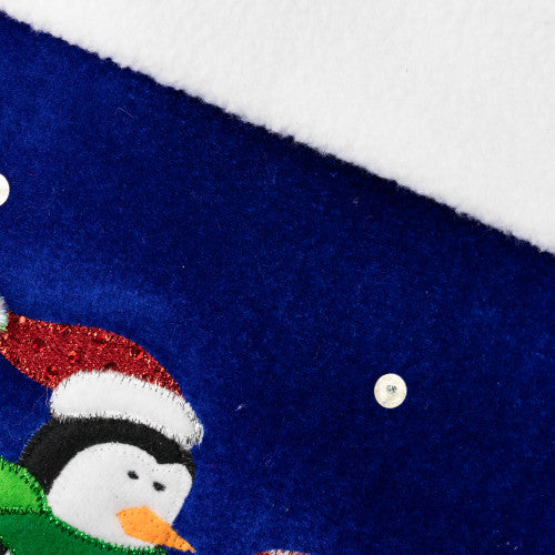24" Large Penguin and Bear Blue Velveteen Christmas Stocking with White Cuff