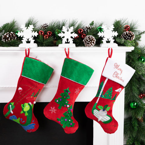 20" Red Velveteen Sequined Christmas Tree Stocking with Green Cuff