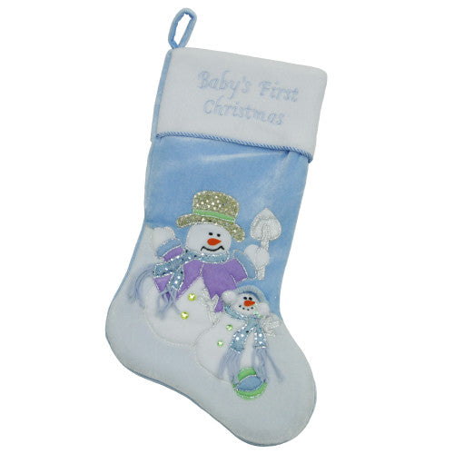 21" Blue and White "Baby's First Christmas" Snowman Stocking