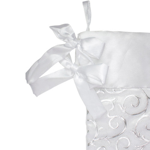 19” White and Silver Filigree Christmas Stocking with Bows
