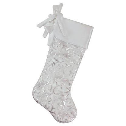 19” White and Silver Filigree Christmas Stocking with Bows