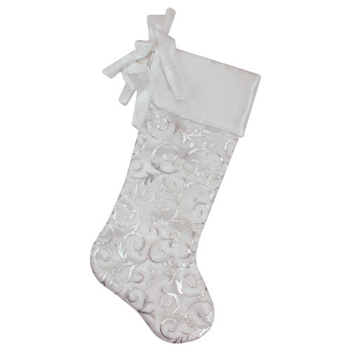 19” White and Silver Filigree Christmas Stocking with Bows