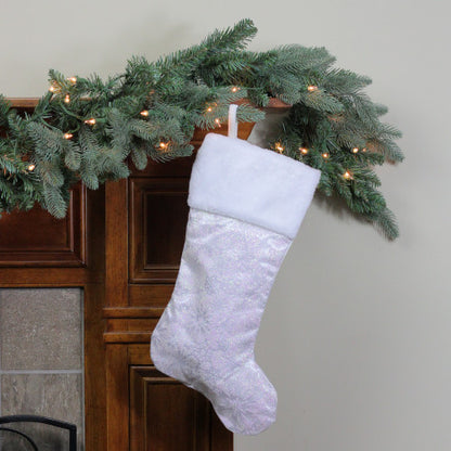 20.5" Iridescent Glitter Snowflake Print Christmas Stocking with Faux Fur Cuff