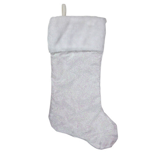 20.5" Iridescent Glitter Snowflake Print Christmas Stocking with Faux Fur Cuff