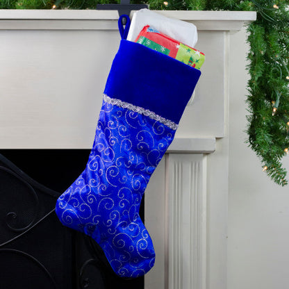 20.5" Royal Blue and Silver Swirl Christmas Stocking with Velveteen Cuff