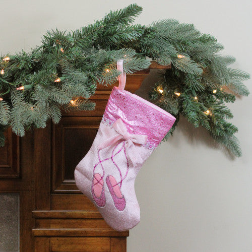 14" Pink and Silver Ballerina Shoes Christmas Stocking with Glitter Cuff and Bow