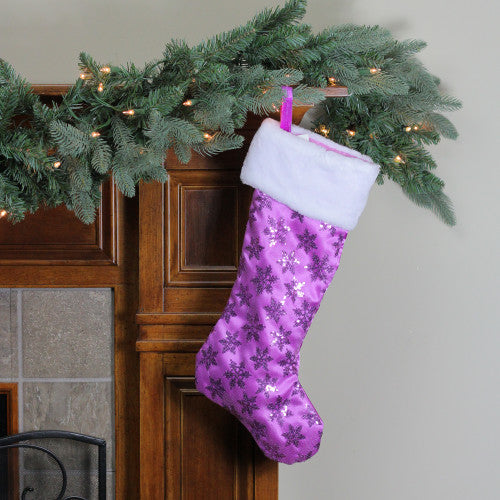 19" Purple Sequin Snowflake Christmas Stocking with White Faux Fur Cuff
