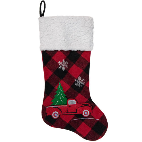 20.5" Red and Black Plaid Christmas Stocking With a Vintage Truck